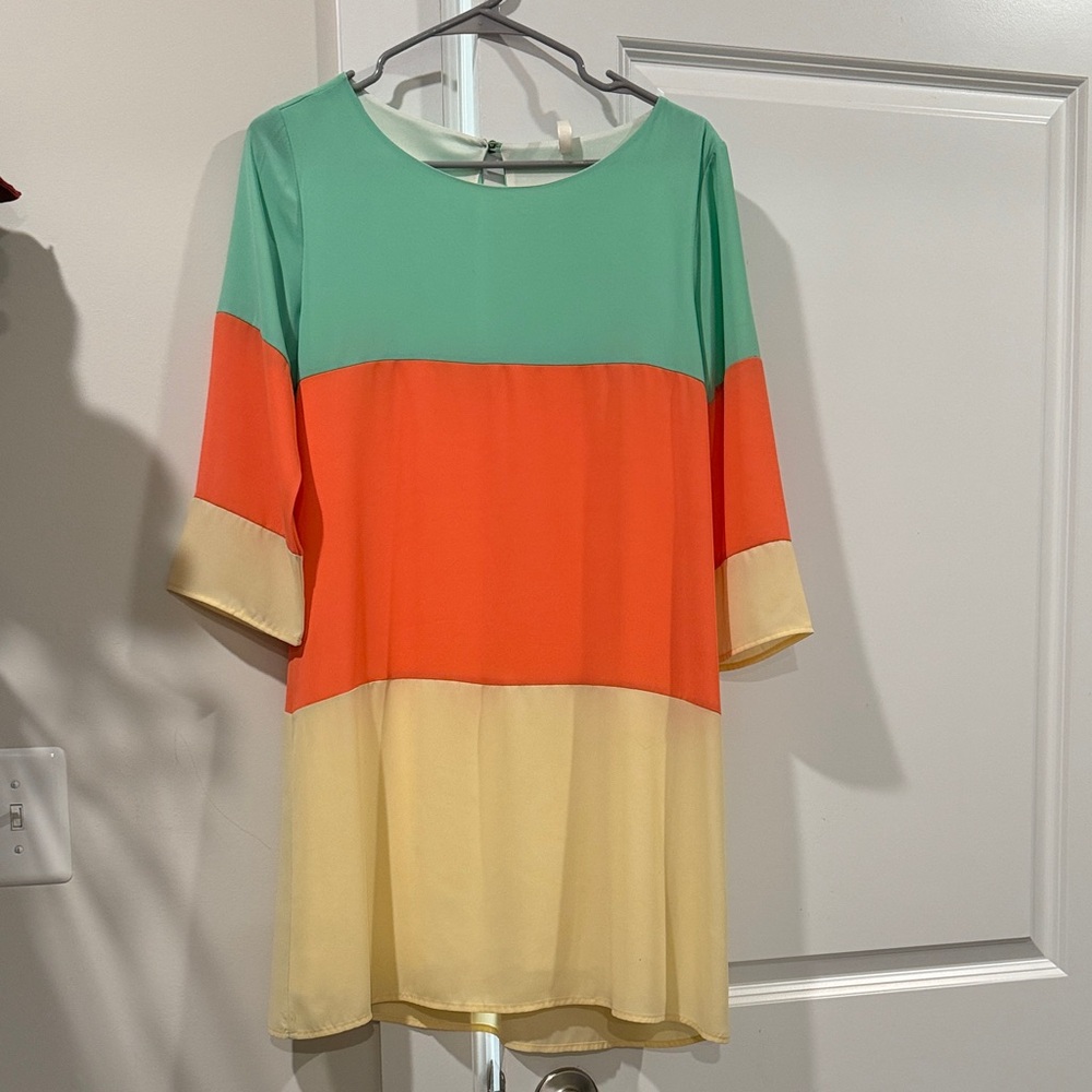 Colorblock Midi Dress - Green, Orange, and Cream
